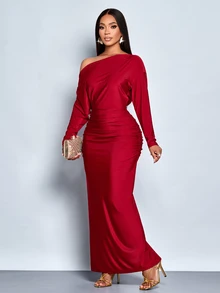 SOLERSUN Women's Burgundy Elegant Asymmetrical Neck Long Sleeve Ruched Bodycon Dress, Christmas Party Vacation Dating Fall, Christmas Women's Clothing - Burgundy - View 6