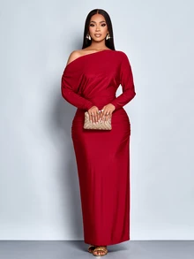 SOLERSUN Women's Burgundy Elegant Asymmetrical Neck Long Sleeve Ruched Bodycon Dress, Christmas Party Vacation Dating Fall, Christmas Women's Clothing - Burgundy - View 4
