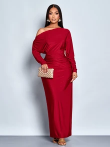 SOLERSUN Women's Burgundy Elegant Asymmetrical Neck Long Sleeve Ruched Bodycon Dress, Christmas Party Vacation Dating Fall, Christmas Women's Clothing - Burgundy - View 7