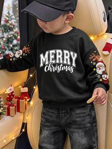 男童小號黑色運動衫，中心印有「MERRY Christmas」字樣，雙袖印有聖誕老人、馴鹿與雪人卡通圖案，裝飾雪花與星星，羅紋領口、袖口與下擺 - 黑色 - 查看 1