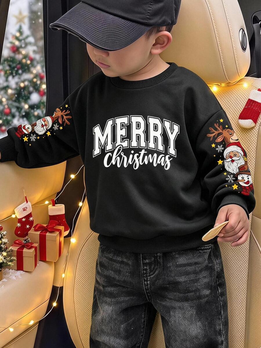 男童小號黑色運動衫,中心印有「MERRY Christmas」字樣,雙袖印有聖誕老人、馴鹿與雪人卡通圖案,裝飾雪花與星星,羅紋領口、袖口與下擺 - 黑色 - 查看 1