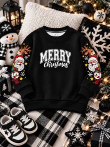 男童小號黑色運動衫，中心印有「MERRY Christmas」字樣，雙袖印有聖誕老人、馴鹿與雪人卡通圖案，裝飾雪花與星星，羅紋領口、袖口與下擺 - 黑色 - 查看 7