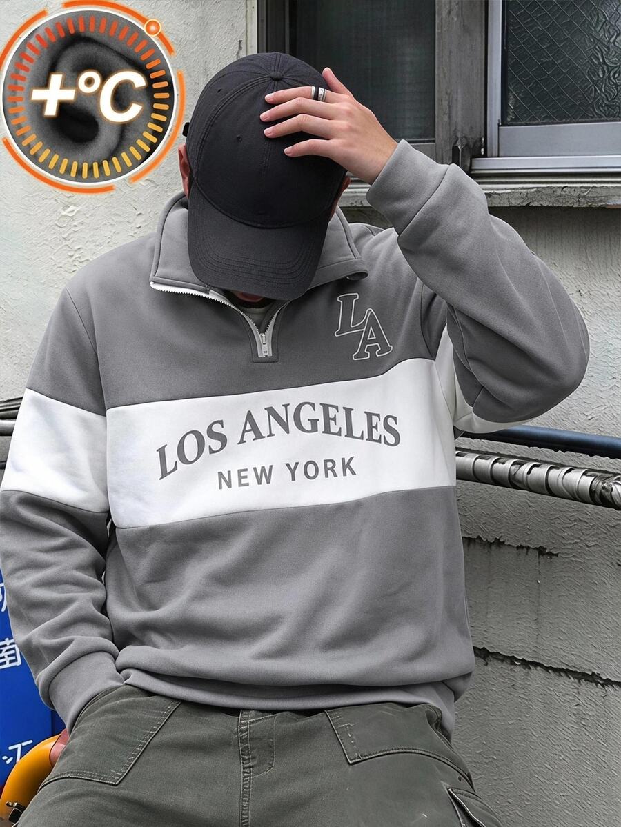 SHEIN 青少年男孩簡約優雅英文字印花 Polo 衫,拼接長袖,極簡圖案時尚翻領灰色襯衫,休閒秋季校園運動風 - 灰色 - 查看 1