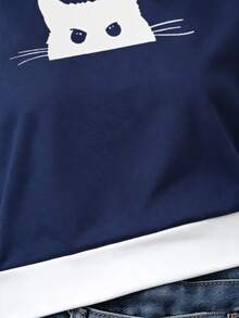 SHEIN Sparklyn Tween Girls Girls' Casual 2 In 1 Streetwear T-Shirt,Navy Blue And White Cat Graphic Print Cold Shoulder Short Sleeve Top For Summer - Navy Blue - View 5