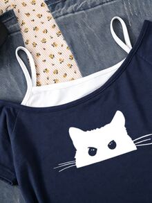 SHEIN Sparklyn Tween Girls Girls' Casual 2 In 1 Streetwear T-Shirt,Navy Blue And White Cat Graphic Print Cold Shoulder Short Sleeve Top For Summer - Navy Blue - View 6