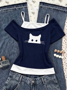 SHEIN Sparklyn Tween Girls Girls' Casual 2 In 1 Streetwear T-Shirt,Navy Blue And White Cat Graphic Print Cold Shoulder Short Sleeve Top For Summer - Navy Blue - View 2