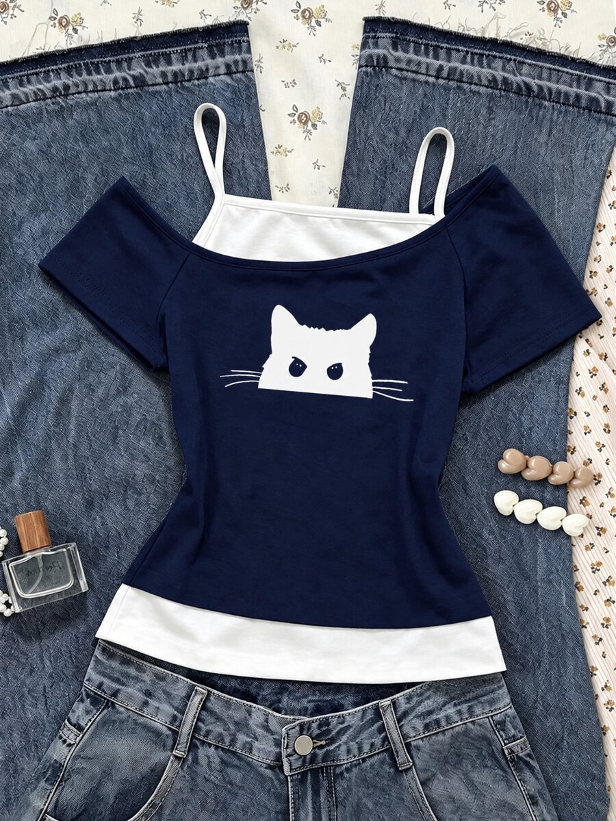 SHEIN Sparklyn Tween Girls Girls' Casual 2 In 1 Streetwear T-Shirt,Navy Blue And White Cat Graphic Print Cold Shoulder Short Sleeve Top For Summer