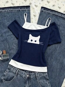 SHEIN Sparklyn Tween Girls Girls' Casual 2 In 1 Streetwear T-Shirt,Navy Blue And White Cat Graphic Print Cold Shoulder Short Sleeve Top For Summer - Navy Blue - View 4