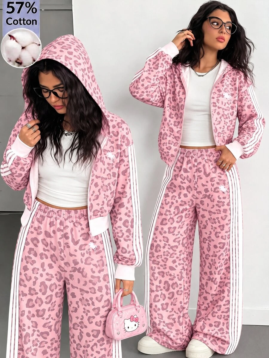 SHEIN Reset Phase 3件組女孩青少年休閒街頭風寬鬆套裝,秋季穿搭,上衣,白色連帽長袖拉鍊運動衫,馬匹圖案,郵輪派對粉色 - 彩色 - 查看 1