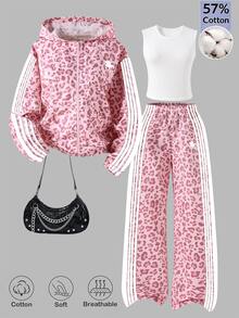 SHEIN Reset Phase 3件組女孩青少年休閒街頭風寬鬆套裝，秋季穿搭，上衣，白色連帽長袖拉鍊運動衫，馬匹圖案，郵輪派對粉色 - 彩色 - 查看 4