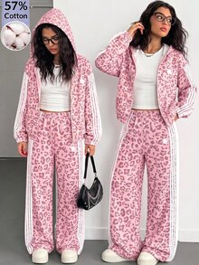 SHEIN Reset Phase 3件組女孩青少年休閒街頭風寬鬆套裝，秋季穿搭，上衣，白色連帽長袖拉鍊運動衫，馬匹圖案，郵輪派對粉色 - 彩色 - 查看 3