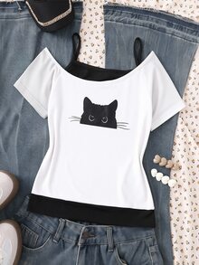 SHEIN Sparklyn Tween Girls Casual 2 In 1 Streetwear T-Shirt,White Cat Graphic Print Cold Shoulder Short Sleeve Top For Summer School Activities & Ph... - White - View 6