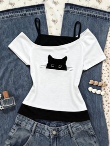 SHEIN Sparklyn Tween Girls Casual 2 In 1 Streetwear T-Shirt,White Cat Graphic Print Cold Shoulder Short Sleeve Top For Summer School Activities & Ph... - White - View 1