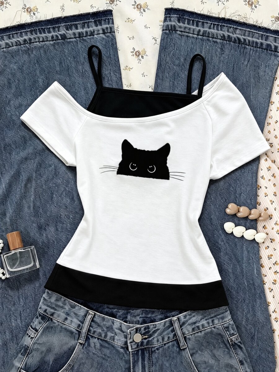 SHEIN Sparklyn Tween Girls Casual 2 In 1 Streetwear T-Shirt,White Cat Graphic Print Cold Shoulder Short Sleeve Top For Summer School Activities & Ph... - White - View 1