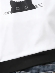 SHEIN Sparklyn Tween Girls Casual 2 In 1 Streetwear T-Shirt,White Cat Graphic Print Cold Shoulder Short Sleeve Top For Summer School Activities & Ph... - White - View 4