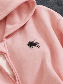 SHEIN Sparklyn Autumn/Winter Tween Girl Hooded Zip-Up Sweatshirt, Mixed Street Style Graphic Preppy Casual Graphic, Fall, Holiday School Dusty Pink School - Pink - View 5