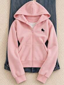 SHEIN Sparklyn Autumn/Winter Tween Girl Hooded Zip-Up Sweatshirt, Mixed Street Style Graphic Preppy Casual Graphic, Fall, Holiday School Dusty Pink School - Pink - View 1