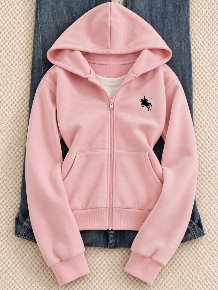 SHEIN Sparklyn Autumn/Winter Tween Girl Hooded Zip-Up Sweatshirt, Mixed Street Style Graphic Preppy Casual Graphic, Fall, Holiday School Dusty Pink School - Pink - View 1