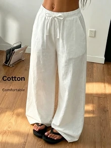 SHEIN Sparklyn 青少年女孩秋季直筒休閒寬鬆日常穿著百搭舒適純色長褲附口袋 返校季 白色 - 白色 - 查看 5