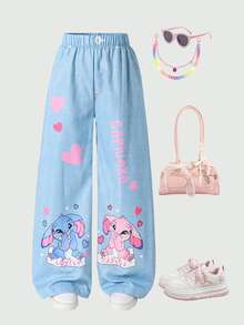 SHEIN Sparklyn Tween Girl Fall Pink And Blue Cute Cartoon Print Denim Effect Wide Leg Pants, Holiday, Casual Y2k Uniform School - Multicolor - View 4