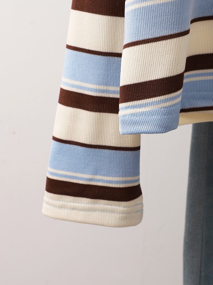 SHEIN Sparklyn Tween Girl Autumn Top Colorblock Horizontal Blue And White Stripe Striped Long Sleeve T-Shirt, Holiday, Casual 80s, Comfortable School - Blue - View 7