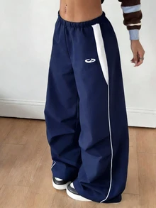 SHEIN Sparklyn Tween Girls Fall Clothes Fall Wide Leg Straight Casual Navy Blue Contrast Color Loose Woven Pants,Winter Athletic Gym Street Style - Navy Blue - View 4