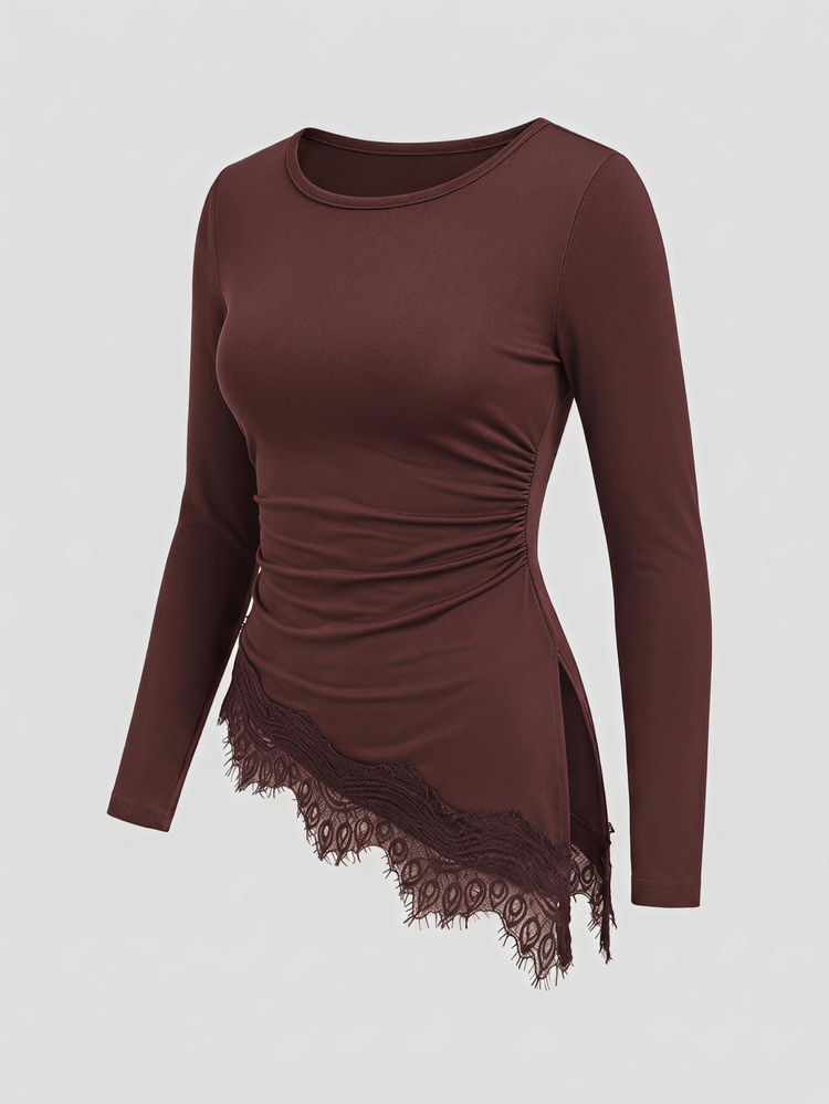 SHEIN Sparklyn Tween Girl Autumn Top Solid Color Round Neck Long Sleeve Ruched Lace Hem T-Shirt, Holiday, Casual Elegant Cute School Burgundy School - Brown - View 10