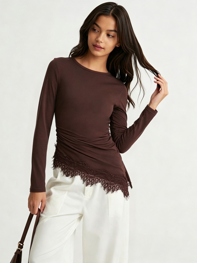 SHEIN Sparklyn Tween Girl Autumn Top Solid Color Round Neck Long Sleeve Ruched Lace Hem T-Shirt, Holiday, Casual Elegant Cute School Burgundy School - Brown - View 9