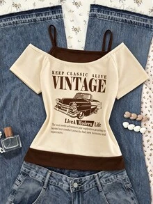 SHEIN Sparklyn Tween Girls Brown Summer Streetwear 2 In 1 T-Shirt,Cold Shoulder Short Sleeve Letter Slogan & Car Graphic Print Top For School & Back... - Apricot - View 2
