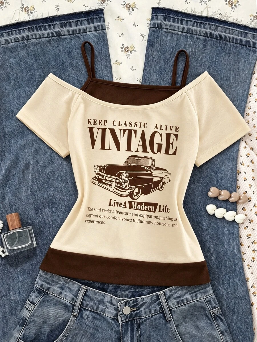 SHEIN Sparklyn Tween Girls Brown Summer Streetwear 2 In 1 T-Shirt,Cold Shoulder Short Sleeve Letter Slogan & Car Graphic Print Top For School & Back...