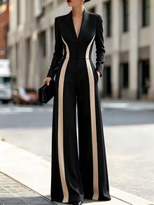 SHEIN Women's Elegant Commute Color Block Patchwork Fitted Jumpsuit,Fall/Winter Jumpsuit, Black Wide Leg Jumpsuit,Daily,Formal,Business Casual,Commute - Black - View 5