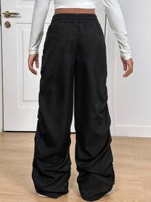 SHEIN Sparklyn Tween Girl High Waist Straight Leg Ruched Black Pants Halloween Autumn Fall School Streetwear Casual - Black - View 2