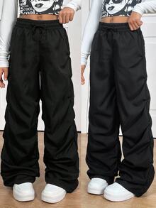 SHEIN Sparklyn Tween Girl High Waist Straight Leg Ruched Black Pants Halloween Autumn Fall School Streetwear Casual - Black - View 3