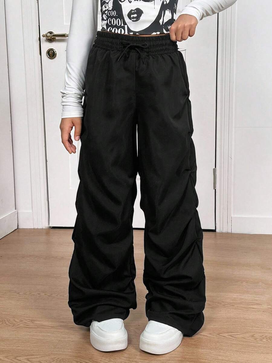 SHEIN Sparklyn Tween Girl High Waist Straight Leg Ruched Black Pants Halloween Autumn Fall School Streetwear Casual - Black - View 1