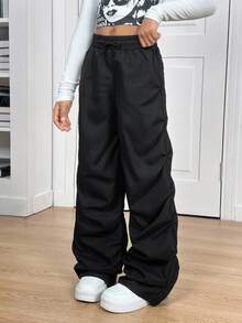 SHEIN Sparklyn Tween Girl High Waist Straight Leg Ruched Black Pants Halloween Autumn Fall School Streetwear Casual - Black - View 5