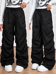 SHEIN Sparklyn Tween Girl High Waist Straight Leg Ruched Black Pants Halloween Autumn Fall School Streetwear Casual - Black - View 6