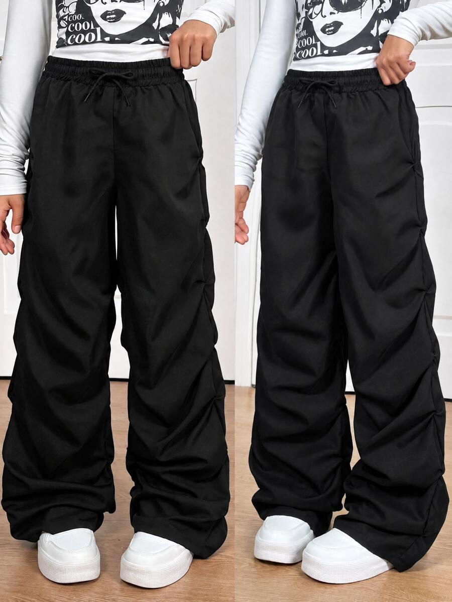 SHEIN Sparklyn Tween Girl High Waist Straight Leg Ruched Black Pants Halloween Autumn Fall School Streetwear Casual - Black - View 1