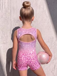 Young Girl Cute Summer Kids Young Girl Leopard Print Knit Gymnastics , Purple Gradient Leopard Print Sportswear, Suitable For Daily , Gymnastics - Pink - View 4