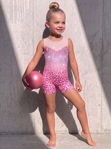 Young Girl Cute Summer Kids Young Girl Leopard Print Knit Gymnastics , Purple Gradient Leopard Print Sportswear, Suitable For Daily , Gymnastics - Pink - View 5