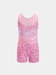 Young Girl Cute Summer Kids Young Girl Leopard Print Knit Gymnastics , Purple Gradient Leopard Print Sportswear, Suitable For Daily , Gymnastics - Pink - View 6