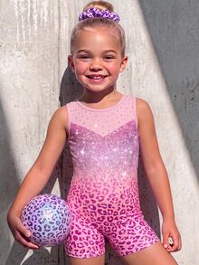 Young Girl Cute Summer Kids Young Girl Leopard Print Knit Gymnastics , Purple Gradient Leopard Print Sportswear, Suitable For Daily , Gymnastics - Pink - View 1