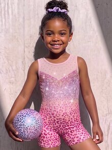 Young Girl Cute Summer Kids Young Girl Leopard Print Knit Gymnastics , Purple Gradient Leopard Print Sportswear, Suitable For Daily , Gymnastics - Pink - View 3
