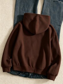 SHEIN Sparklyn Autumn Winter Girls' Hooded Zip-Up Jacket Street Style Baggy Basic Sweatshirt Fall Clothes Warm Knit Fabric School Brown And White Polka Dot Preppy - Brown - View 2