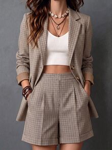 Trelyra 休閒通勤百搭格紋西裝外套與短褲套裝，女款兩件套，女式套裝，秋季兩件套，春秋套裝，復古格紋套裝，長袖格紋西裝外套，格紋短褲，休閒套裝，通勤辦公休閒套裝 - 棕色 - 查看 4