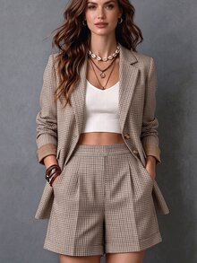 Trelyra 休閒通勤百搭格紋西裝外套與短褲套裝，女款兩件套，女式套裝，秋季兩件套，春秋套裝，復古格紋套裝，長袖格紋西裝外套，格紋短褲，休閒套裝，通勤辦公休閒套裝 - 棕色 - 查看 2