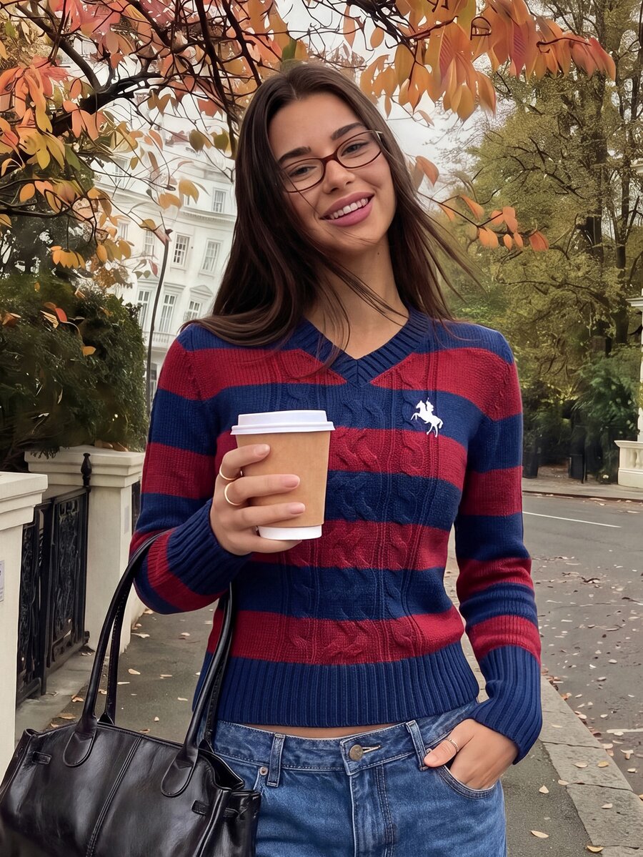 Comfortcana 女款純色V領長袖針織衫 時尚秋季服飾 新年Y2K休閒學院風上衣 萬聖節校園紅條紋早午餐穿搭