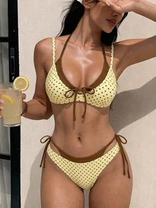 SHEIN Swim 女款夏季泳衣套裝，2合1掛脖綁帶純色波點印花，沙灘派對度假穿搭 2件套，奶油黃性感熱帶風 - 彩色 - 查看 1