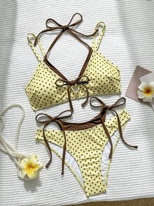 SHEIN Swim 女款夏季泳衣套裝，2合1掛脖綁帶純色波點印花，沙灘派對度假穿搭 2件套，奶油黃性感熱帶風 - 彩色 - 查看 5