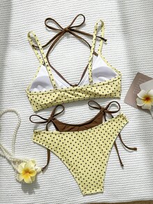 SHEIN Swim 女款夏季泳衣套裝，2合1掛脖綁帶純色波點印花，沙灘派對度假穿搭 2件套，奶油黃性感熱帶風 - 彩色 - 查看 2