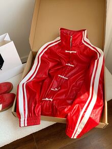 Comfortcana Women's Casual Versatile Daily Jacket, Winter Jacket , Christmas Outfit For Women, Red Jacket, Shiny, PU Jacket, Frog Button, Mandarin Collar - Red - View 3